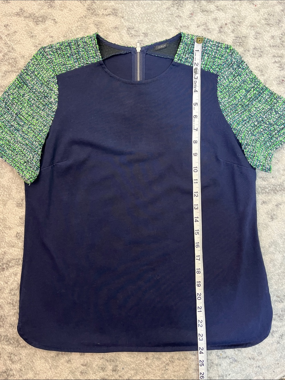 J.CREW TOP WITH TWEED SHOULDERS WOOL SILK BLEND MAVY GREEN SILVER SZ MED - Picture 13 of 14